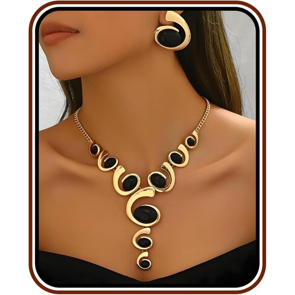 Jewelry - Gold Jewelry Set, Silver Black Boho Western Chunky Vintage Pendant Necklace Stac